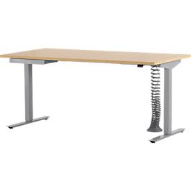 Schreibtisch, elektrisch höhenverstellbar, Rechteck, T-Fuß, B 1600 mm, Ahorn/weißalu + Schublade & Kabelspirale