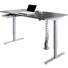 Schreibtisch, elektrisch höhenverstellbar, Rechteck, T-Fuss, B 1600 mm, graphit/weissalu + Schublade & Kabelspirale