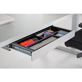 Schreibtisch, elektrisch höhenverstellbar, Rechteck, T-Fuß, B 1600 mm, lichtgrau/weißalu + Schublade & Kabelspirale