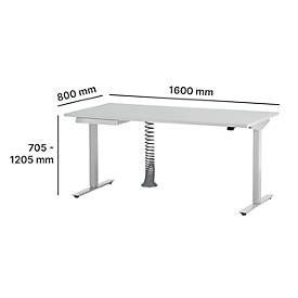 Schreibtisch, elektrisch höhenverstellbar, Rechteck, T-Fuß, B 1600 mm, lichtgrau/weißalu + Schublade & Kabelspirale