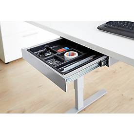 Schreibtisch, elektrisch höhenverstellbar, Rechteck, T-Fuß, B 1600 mm, weiß/weißalu + Schublade & Kabelspirale