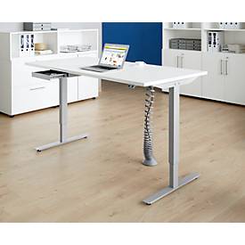 Schreibtisch, elektrisch höhenverstellbar, Rechteck, T-Fuß, B 1600 mm, weiß/weißalu + Schublade & Kabelspirale