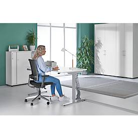 Schreibtisch, elektrisch höhenverstellbar, Rechteck, T-Fuß, B 1600 mm, weiß/weißalu + Schublade & Kabelspirale