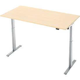 Schreibtisch, elektrisch höhenverstellbar, Rechteck, T-Fuß, B 1600 x T 800 x H 720-1200 mm, Ahorn-Dekor/silber