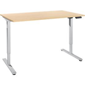 Schreibtisch, elektrisch höhenverstellbar, Rechteck, T-Fuß, B 1600 x T 800 x H 755-1255 mm, Ahorn/weißalu + Memory-Bedienpanel, Kabelkanal