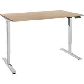 Schreibtisch, elektrisch höhenverstellbar, Rechteck, T-Fuß, B 1600 x T 800 x H 755-1255 mm, Eiche/weißalu + Memory-Bedienpanel, Kabelkanal
