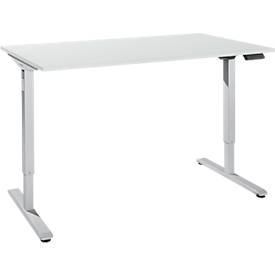 Schreibtisch, elektrisch höhenverstellbar, Rechteck, T-Fuß, B 1600 x T 800 x H 755-1255 mm, lichtgrau/weißalu + Memory-Bedienpanel, Kabelkanal