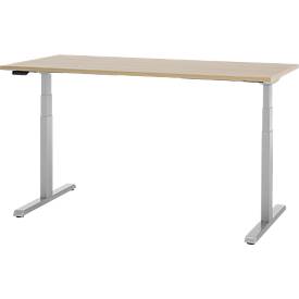 Schreibtisch, elektrisch höhenverstellbar, T-Fuß, B 1600 x T 800 x H 615-1275 mm, Eiche/weißalu