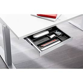 Schreibtisch, elektrisch höhenverstellbar, T-Fuß, B 1600 x T 800 x H 645-1290 mm, lichtgrau/weißaluminium + Kabelkanal, Zubehörschublade