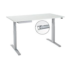 Schreibtisch, elektrisch höhenverstellbar, T-Fuß, B 1600 x T 800 x H 645-1290 mm, lichtgrau/weißaluminium + Kabelkanal, Zubehörschublade