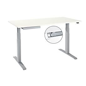 Schreibtisch, elektrisch höhenverstellbar, T-Fuß, B 1600 x T 800 x H 645-1290 mm, weiß/weißaluminium + Kabelkanal, Zubehörschublade
