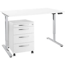 Schreibtisch, elektrisch höhenverstellbar, T-Fuß, H 755-1255 mm, weiß/weißaluminium + Memorybedienpanel, Kabelkanal, Rollcontainer