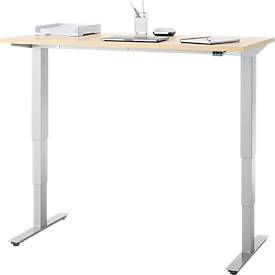 Schreibtisch, elektrisch höhenverstellbar, T-Fuß ohne Traverse, B 1300 x T 650 x H 605–1265 mm, Ahorn/silber