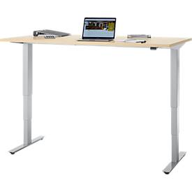 Schreibtisch, elektrisch höhenverstellbar, T-Fuß ohne Traverse, B 1600 x T 800 x H 605–1265 mm, Ahorn/silber