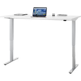 Schreibtisch, elektrisch höhenverstellbar, T-Fuß ohne Traverse, B 1600 x T 800 x H 605–1265 mm, weiß/silber