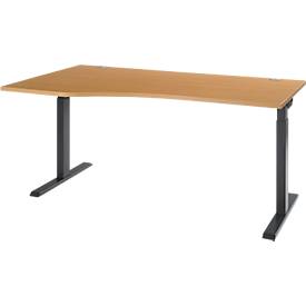 Schreibtisch ERGO-T 2.0, Freiform, Ansatz links, T-Fuß, B 1800 x T 1000/800 x H 675-895 mm, Buche/anthrazit 