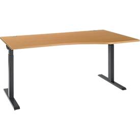 Schreibtisch ERGO-T 2.0, Freiform, Ansatz rechts, T-Fuß, B 1800 x T 1000/800 x H 675-895 mm, Buche/anthrazit 