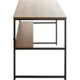 Schreibtisch HAKU, Rechteck, mit zusätzlicher Ablagefläche, B 1200 x T 600 x H 740 mm, Metall/Holz, schwarz/dunkles Eiche-Dekor