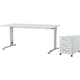 Schreibtisch, manuell höhenverstellbar, C-Fuß, B 1600 x T 800 x H 660-820 mm, lichtgrau/weißaluminium + Schäfer Shop Pure Rollcontainer 333