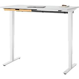 Schreibtisch mit Bambus-Zubehörschublade & Kabelkanal aus Recyclingfilz, elektrisch höhenverstellbar, B 1300 x T 650 x H 605–1265 mm, lichtgrau/weiß