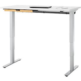 Schreibtisch mit Bambus-Zubehörschublade & Kabelkanal aus Recyclingfilz, elektrisch höhenverstellbar, B 1300 x T 650 x H 605–1265 mm, weiß/silber