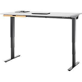 Schreibtisch mit Bambus-Zubehörschublade & Kabelkanal aus Recyclingfilz, elektrisch höhenverstellbar, B 1600 x T 800 x H 605–1265 mm, lichtgrau/schwarz