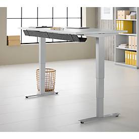 Schreibtisch mit Bambus-Zubehörschublade & Kabelkanal aus Recyclingfilz, elektrisch höhenverstellbar, B 1600 x T 800 x H 605–1265 mm, lichtgrau/silber