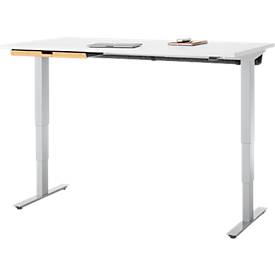 Schreibtisch mit Bambus-Zubehörschublade & Kabelkanal aus Recyclingfilz, elektrisch höhenverstellbar, B 1600 x T 800 x H 605–1265 mm, weiß/silber