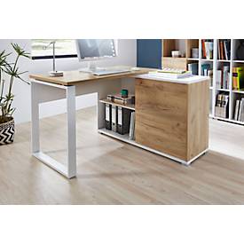 Schreibtisch mit Sideboard LIONI, Rechteck, Kufen, B 1200 x T 1170 x H 750 mm, Navarra Eiche Nachbildung/weiß