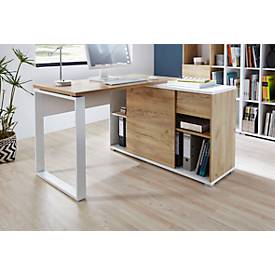 Schreibtisch mit Sideboard LIONI, Rechteck, Kufen, B 1200 x T 1170 x H 750 mm, Navarra Eiche Nachbildung/weiß