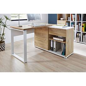 Schreibtisch mit Sideboard LIONI, Rechteck, Kufen, B 1200 x T 1170 x H 750 mm, Navarra Eiche Nachbildung/weiß