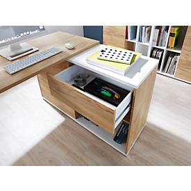 Schreibtisch mit Sideboard LIONI, Rechteck, Kufen, B 1200 x T 1170 x H 750 mm, Navarra Eiche Nachbildung/weiß