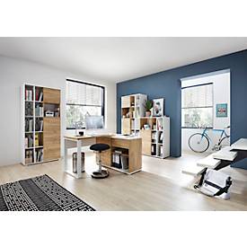 Schreibtisch mit Sideboard LIONI, Rechteck, Kufen, B 1200 x T 1170 x H 750 mm, Navarra Eiche Nachbildung/weiß