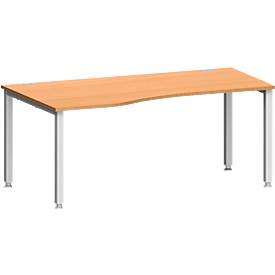 Schreibtisch MODENA FLEX, Freiform, Ansatz links, 4-Fuß Quadratrohr, B 1800 x T 1000/800 x H 720-820 mm, Buche/weißaluminium