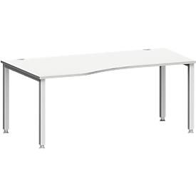 Schreibtisch MODENA FLEX, Freiform, Ansatz links, 4-Fuß Quadratrohr, B 1800 x T 1000/800 x H 720-820 mm, lichtgrau/weißaluminium
