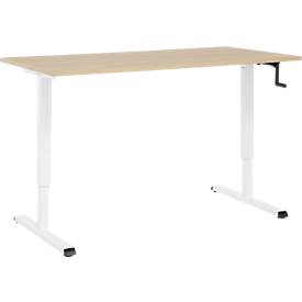 Schreibtisch Multiflex, manuell höhenverstellbar mit Kurbel, B 1600 x T 800 x H 700-1180 mm, Eiche/weiß