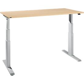 Schreibtisch NEVADA, elektrisch höhenverstellbar, Rechteck, T-Fuß, B 1600 x T 800 x H 640-1300 mm, Ahorn-Dekor/weißaluminium RAL 9006