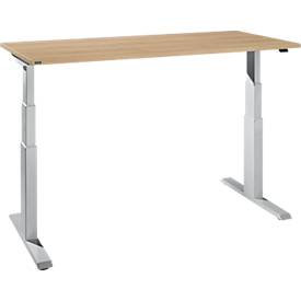Schreibtisch NEVADA, elektrisch höhenverstellbar, Rechteck, T-Fuß, B 1600 x T 800 x H 640-1300 mm, Eiche-Dekor/weißaluminium RAL 9006