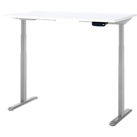 Schreibtisch, Rechteck, elektrisch höhenverstellbar, T-Fuß, B 1200 x T 800 x H 620-1280 mm, inkl. Memory Master, weiß/silber