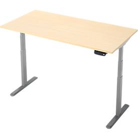 Schreibtisch, Rechteck, elektrisch höhenverstellbar, T-Fuß, B 1600 x T 800 x H 620-1280 mm, inkl. Memory Master, Ahorn-Dekor/silber