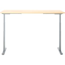 Schreibtisch, Rechteck, elektrisch höhenverstellbar, T-Fuß, B 1600 x T 800 x H 620-1280 mm, inkl. Memory Master, Ahorn-Dekor/silber