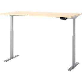 Schreibtisch, Rechteck, elektrisch höhenverstellbar, T-Fuß, B 1600 x T 800 x H 620-1280 mm, inkl. Memory Master, Ahorn-Dekor/silber