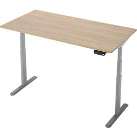 Schreibtisch, Rechteck, elektrisch höhenverstellbar, T-Fuß, B 1600 x T 800 x H 620-1280 mm, inkl. Memory Master, Eiche-Dekor/silber