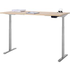 Schreibtisch, Rechteck, elektrisch höhenverstellbar, T-Fuß, B 1600 x T 800 x H 620-1280 mm, inkl. Memory Master, Eiche-Dekor/silber