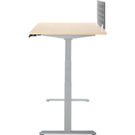 Schreibtisch, Rechteck, elektrisch höhenverstellbar, T-Fuß, B 1600 x T 800 x H 620-1280 mm, inkl. Memory Master + Tischtrennwand, Ahorn-Dekor/silber