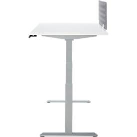 Schreibtisch, Rechteck, elektrisch höhenverstellbar, T-Fuß, B 1600 x T 800 x H 620-1280 mm, inkl. Memory Master + Tischtrennwand, weiß/silber