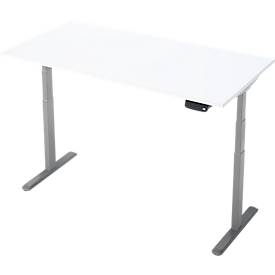 Schreibtisch, Rechteck, elektrisch höhenverstellbar, T-Fuß, B 1600 x T 800 x H 620-1280 mm, inkl. Memory Master, weiß/silber