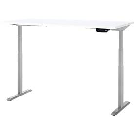 Schreibtisch, Rechteck, elektrisch höhenverstellbar, T-Fuß, B 1600 x T 800 x H 620-1280 mm, inkl. Memory Master, weiß/silber