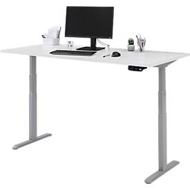 Schreibtisch, Rechteck, elektrisch höhenverstellbar, T-Fuß, B 1600 x T 800 x H 620-1280 mm, inkl. Memory Master, weiß/silber