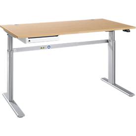 Schreibtisch STANDARD, elektrisch höhenverstellbar, B 1600 mm, Ahorn/weißaluminium + OrgaWork Schublade